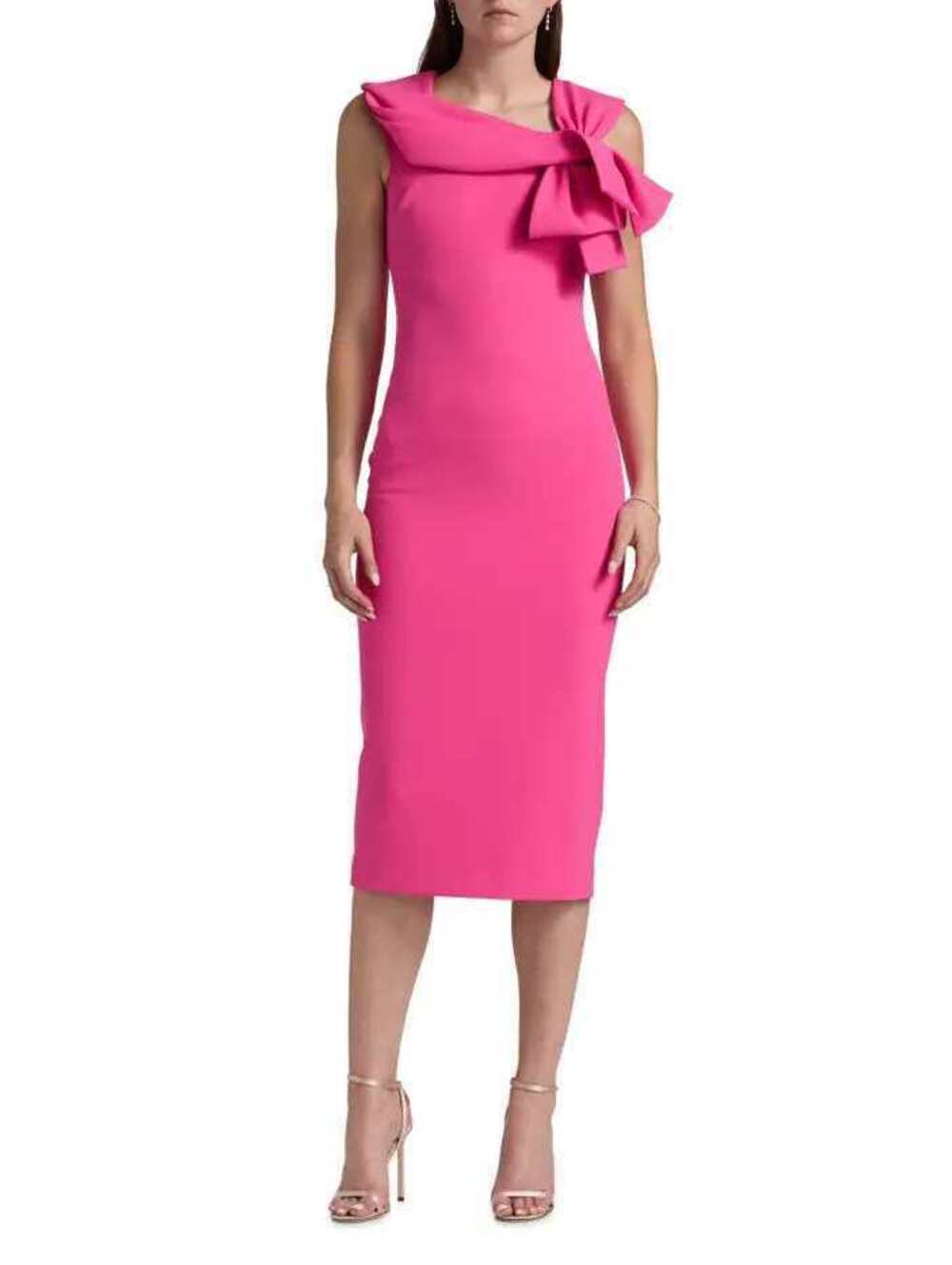 Badgley Mischka $700 Stretch Crepe Sheath Dress Hot Pink sz 4 Cocktail Midi NWT